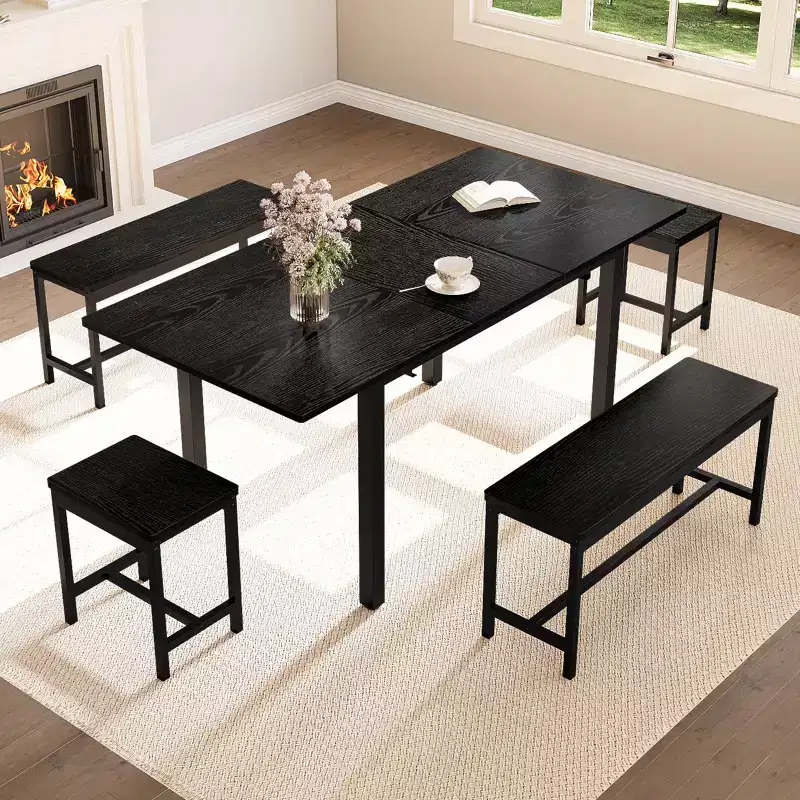 TROPOW Extendable Dining Table Set for 6-8 People, Farmhouse Style Wooden Table with 2 Benches and 2 Stools