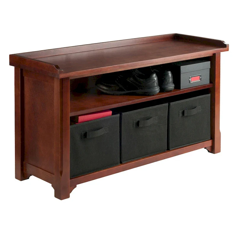 Storage Bench with 3 Foldable Baskets & Open Shelf – Walnut & Black, Solid Wood, 1-Person Seating