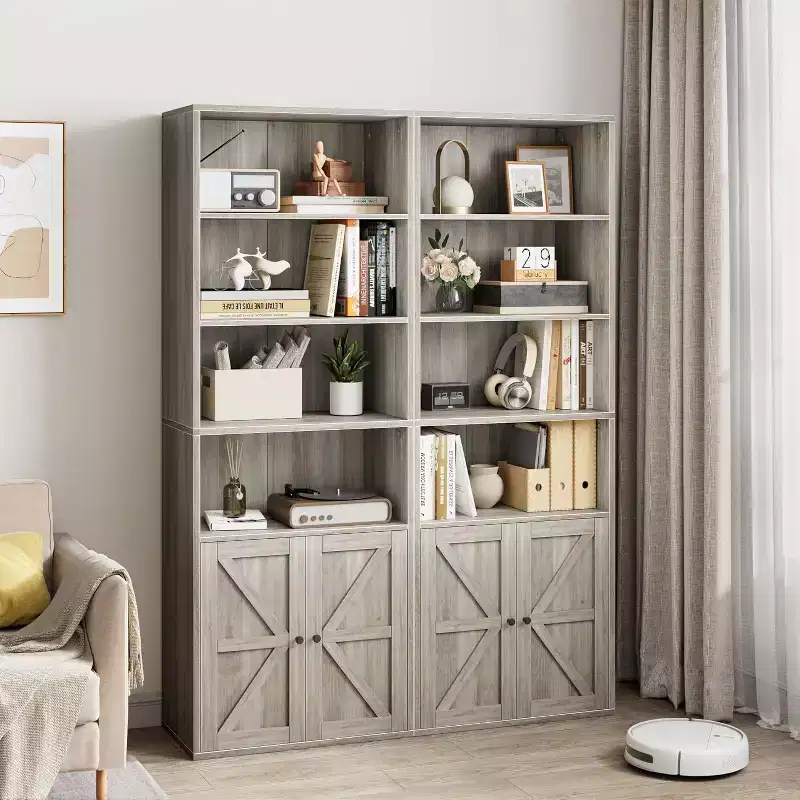 2pcs 71.4 Inch Tall 6-Shelf Bookcase, Farmhouse Style with 4 Doors, for Living Room and Home Office, Easy Assembly