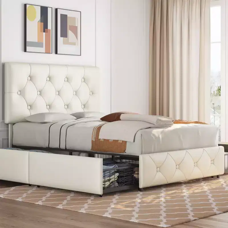 Upholstered Faux Leather Bed Frame with Adjustable Headboard and 4 Storage Drawers