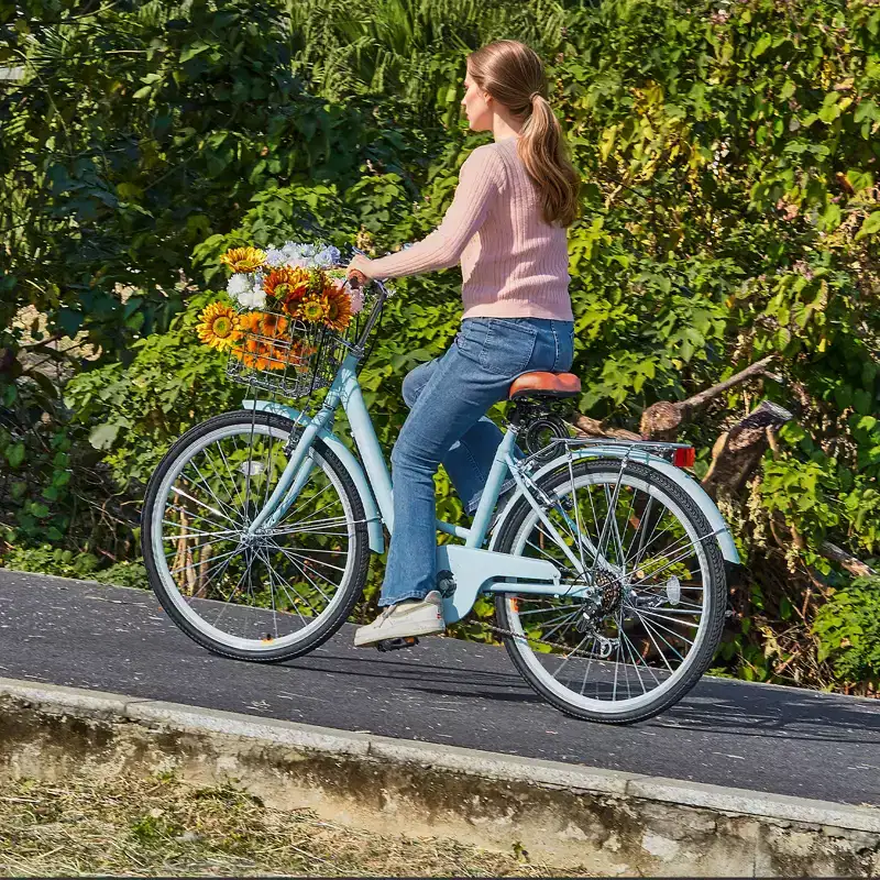 VEVOR Cruiser Bike, 7-Speed, 26-Inch Light Blue Beach Cruiser Bike with Large Capacity Basket and Rear Rack, Secure & Sturdy Cruiser Bike,Light Blue