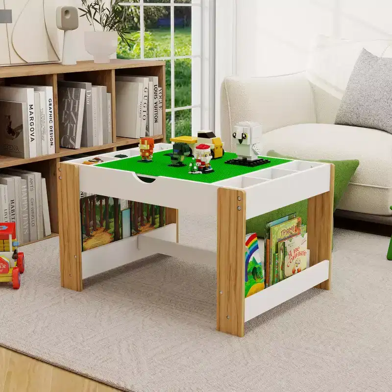 Kids 2-in-1 Activity Play Table with 7 Storage Compartments - LEGO Compatible Building Block & Whiteboard Table, White & Green