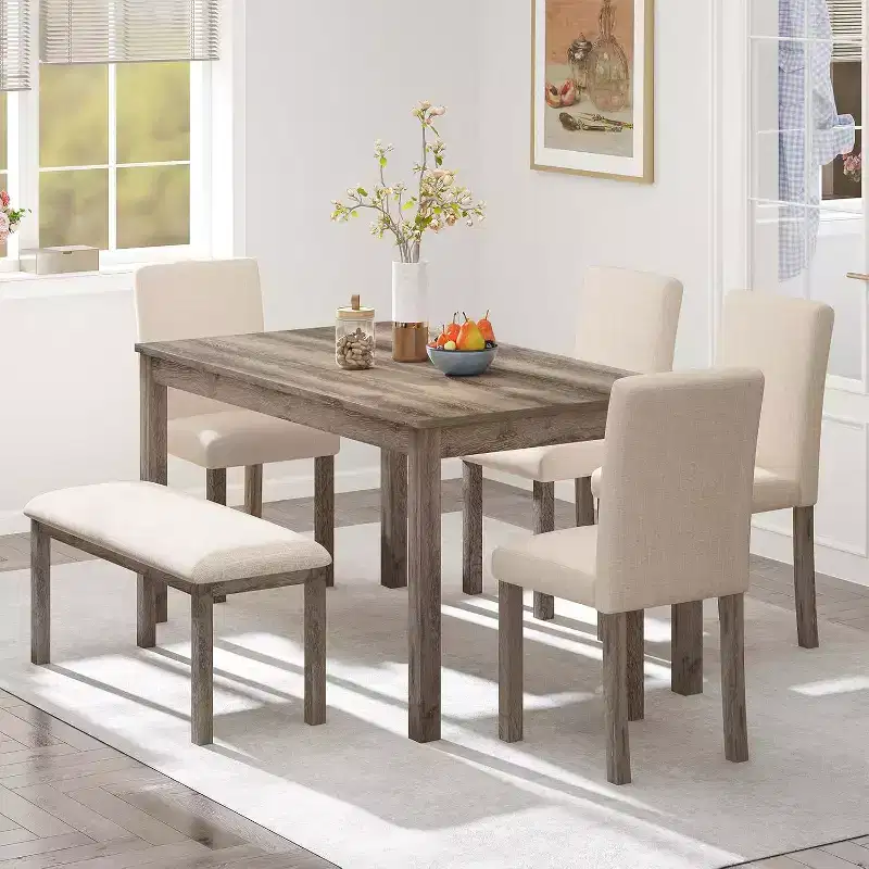 Zevemomo 6-Piece Solid Wood Dining Set with 1 Table,4 Upholstered Chairs&1 Bench,Wooden Legs Dining Table Set for Dining Room Kitchen Restaurant,Brown