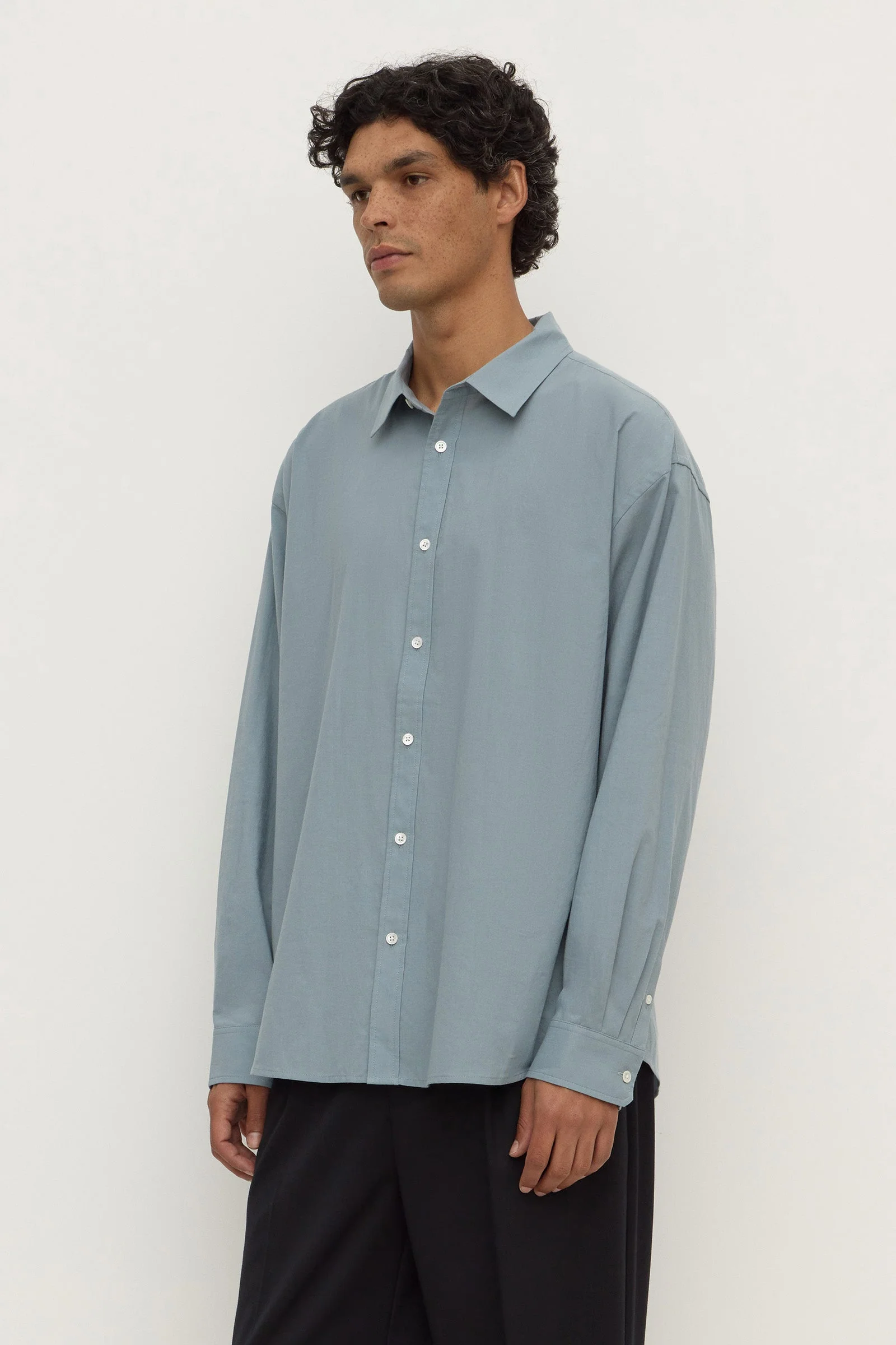 Steel Blue Cotton Voile Long Sleeve Shirt