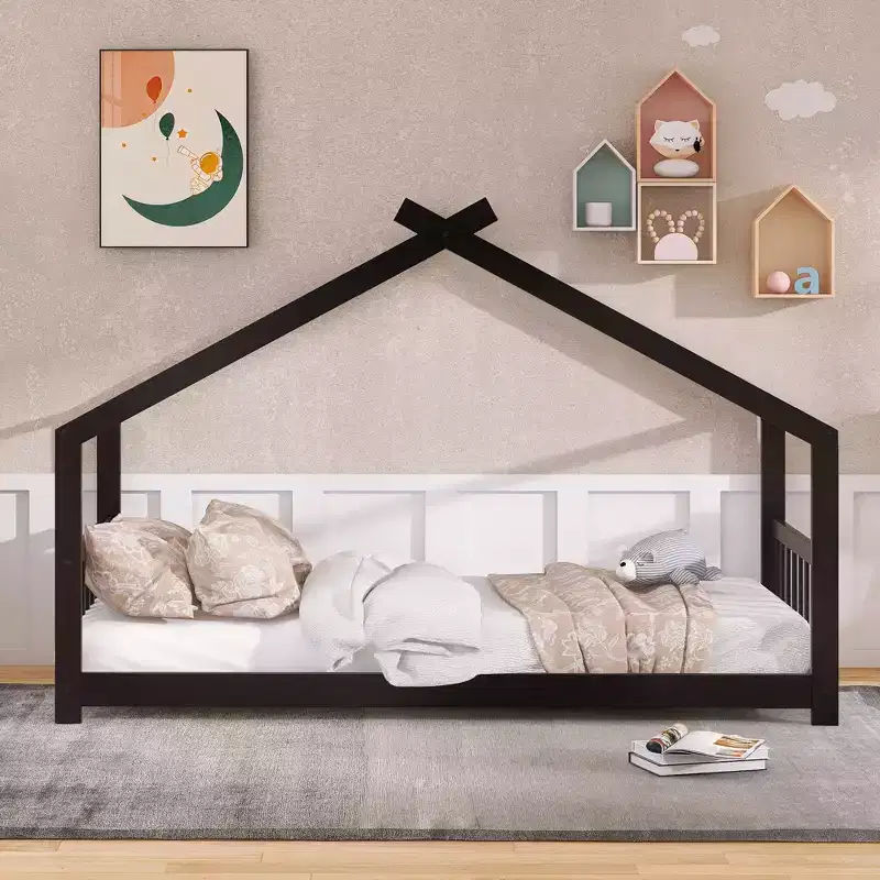 Twin/Full Kids Floor House Bed, Wood Montessori House Bed Frame with Fence, Playhouse Tent Bed with Roof