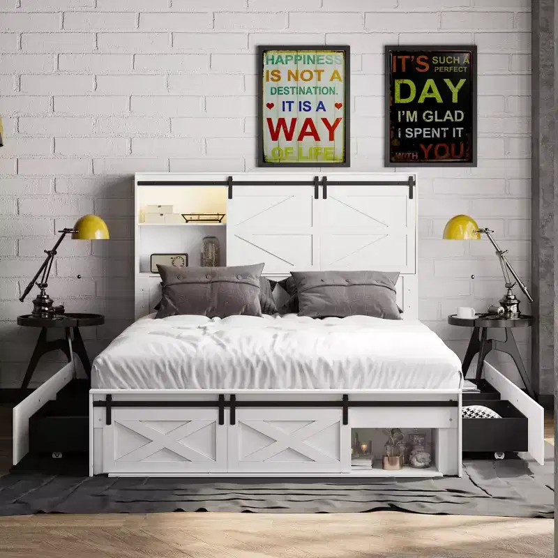 Famapy Modern Queen Bed Frame with Storage Drawers LED Headboard & Power Outlets White Wood Platform Bed for Bedroom