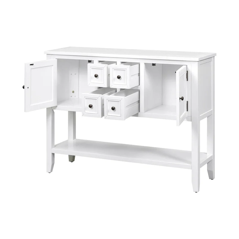 White 4-Drawer Buffet Sideboard Console Table with Bottom Shelf