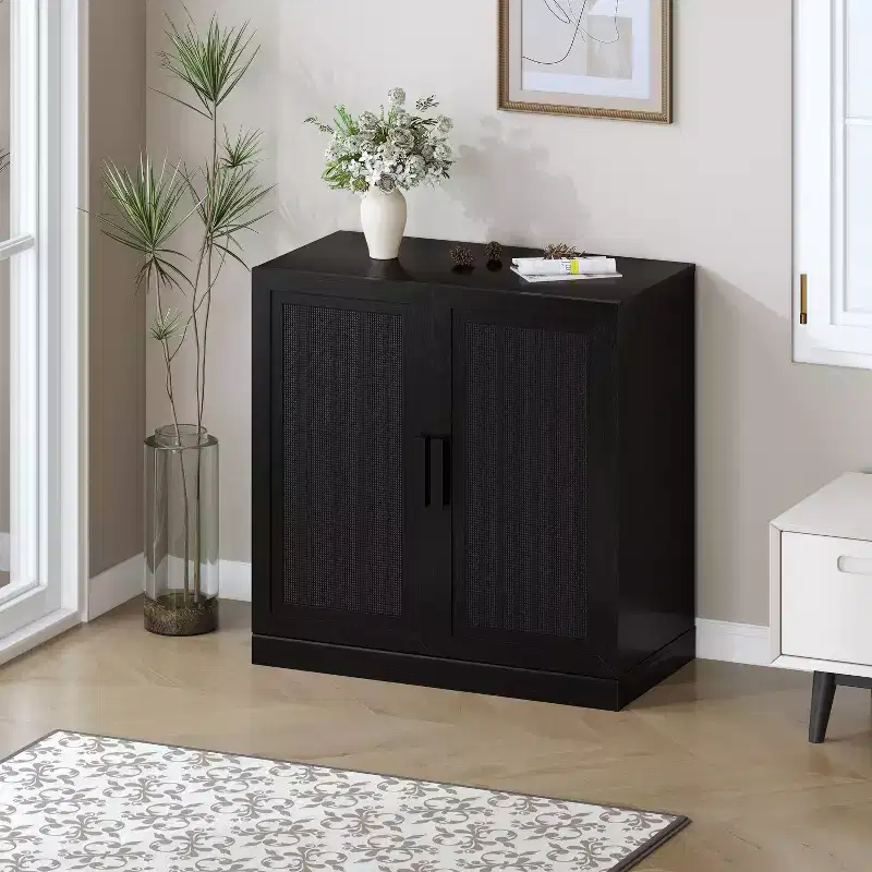 1 Piece Black Wood Grain Storage Cabinet (Wicker Door), Decorative Storage Cabinet