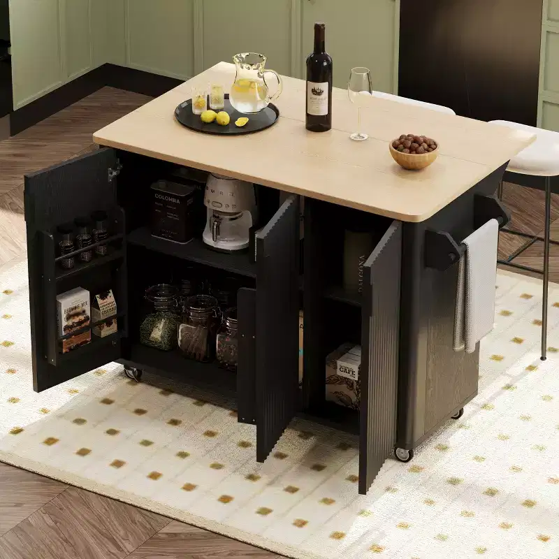 GDFStudio Yasir 51 Farmhouse Fluted Kitchen Island with Drop Leaf, Wheels and Internal Storage Rack