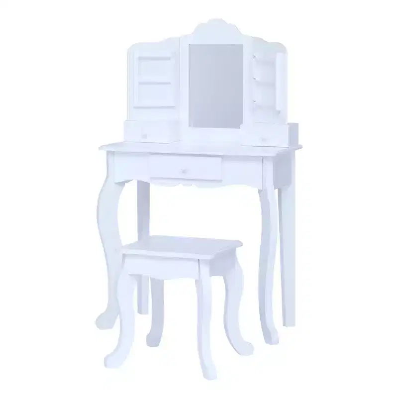 White Kids Vanity Table & Stool Set with Mirror and Storage, 1-Person