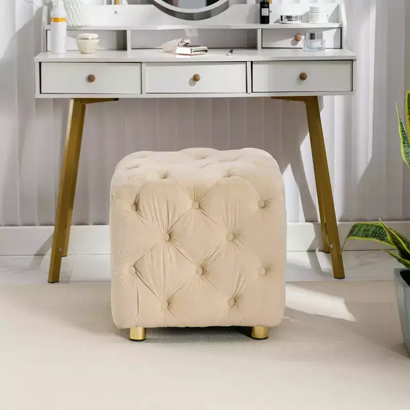 Velvet Upholstered Ottoman, Small End Table Foot Stool Makeup Chair, Living Room Bedroom Entrance, Pink