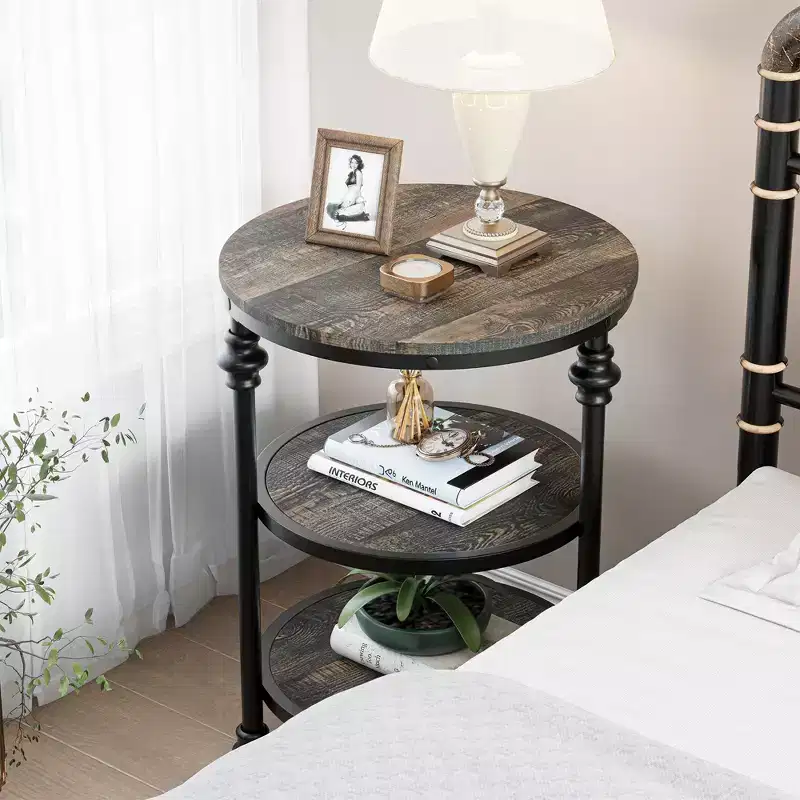 3-Tier Round Side Table, Living Room Accent Tables, Small Corner Table with Storage Shelves, Metal Legs, Industrial Night Stand for Bedroom, Brown