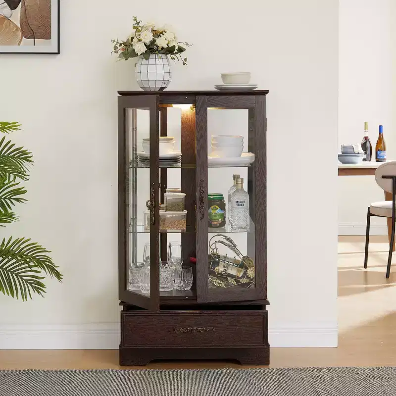 Okak Display Cabinet, Storage Cabinet with 2 Glass Doors and 1 Drawers, Freestanding Cabinet for Living Room, Hallway, Office