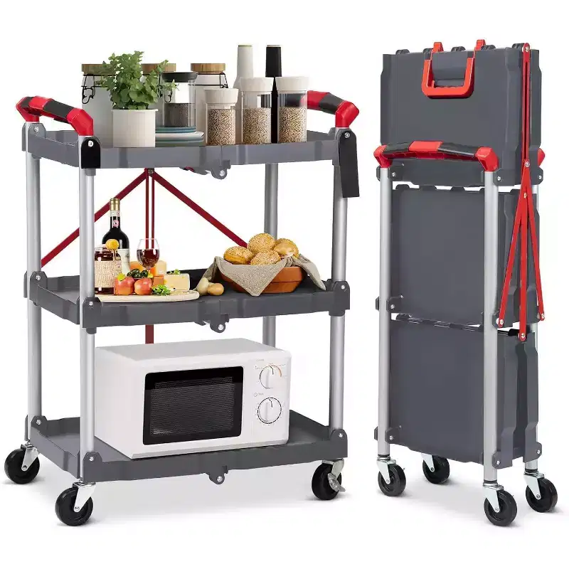 3-Tier Folding Utility Cart, Portable Collapsible Service Trolley with Wheels, 156 lb Capacity, Heavy Duty for Garage & Workshop, Grey