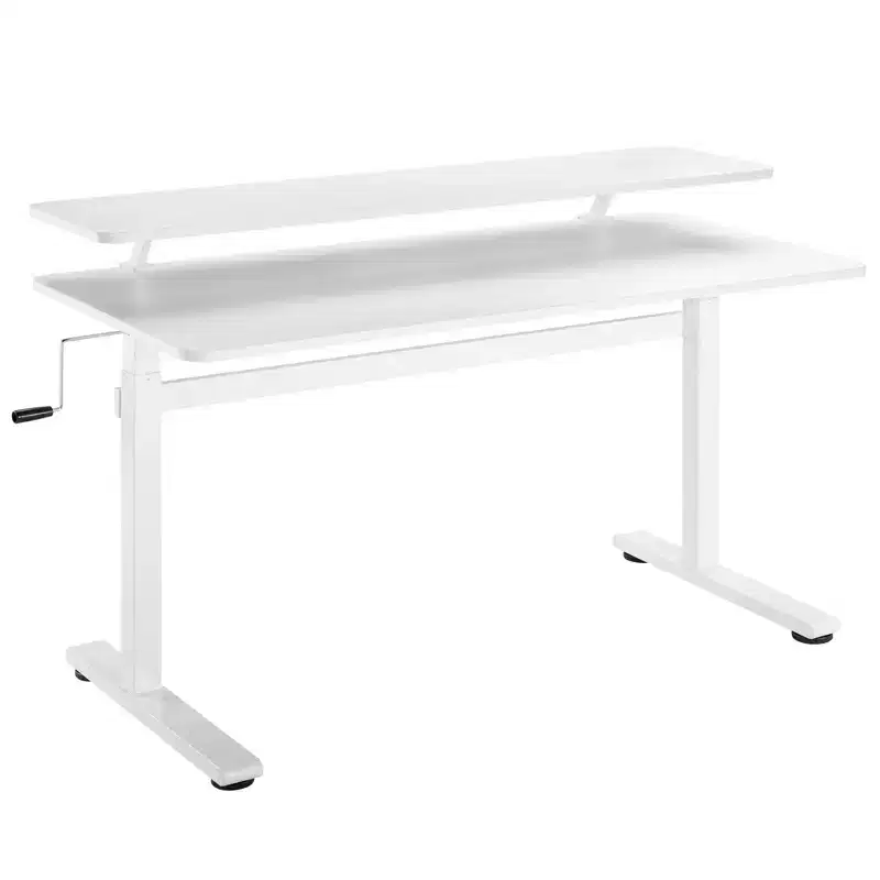 Tranzendesk Standing Desk with Clamp-On Shelf - 55 Sit to Stand Workstation with 55 Monitor Stand - White - Stand Steady