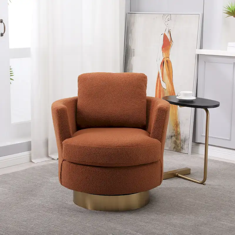 Brown Swivel Barrel Chair, Gold Base, 1-Seat