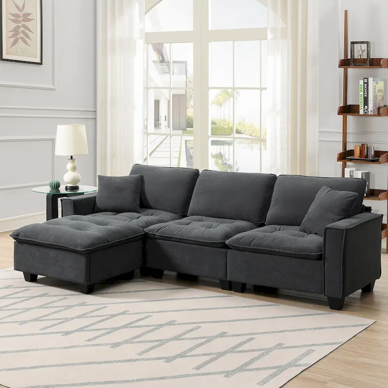 100 L-Shaped Convertible 4 Seater Sectional Sofa with Removable Ottoman and Matching Pillows, Suede Velvet Upholstery