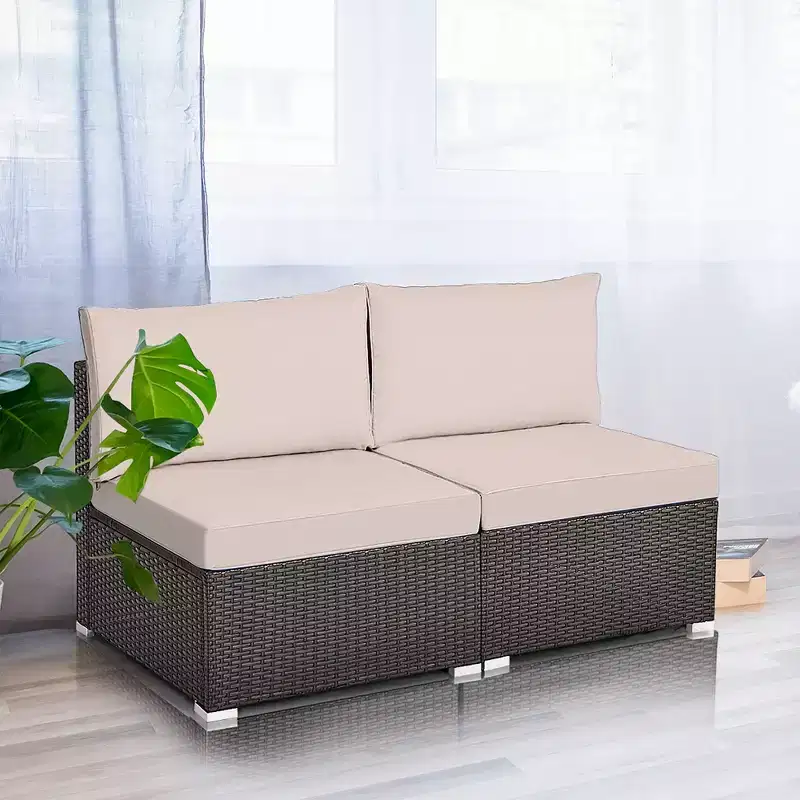Costway 2PCS Patio Rattan Armless Sofa Sectional Conversation Furniture Set W/Cushion