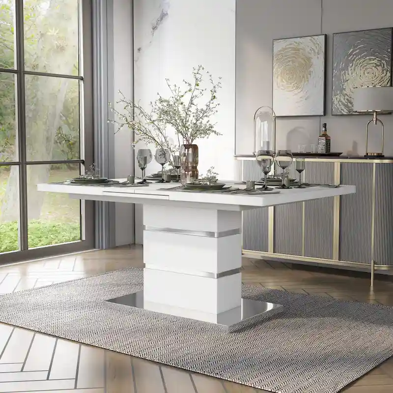 White Expandable Rectangular Dining Table with Chrome Pedestal Base, Seats 6–8