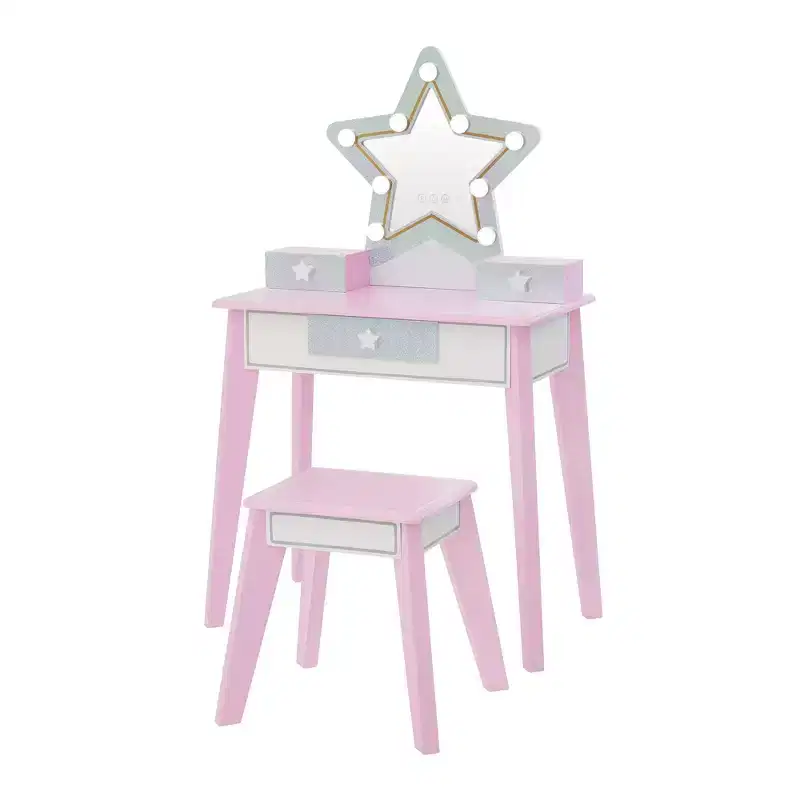 Fantasy Fields Little Princess Star Kids Wooden Vanity Set with LED Mirror & Stool