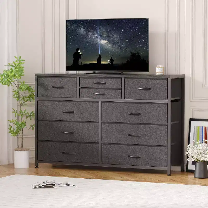 10 Drawers Fabric Dressers for Bedroom, Wood Top, Steel Frame, Modern Chest of Drawers, Lightweight Dresser with Fabric Bins for Living Room, Hallway