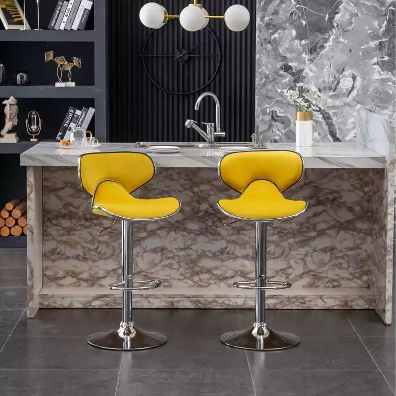Masaccio Velvet Upholstered Adjustable Swivel Barstool, Set of 2, Yellow