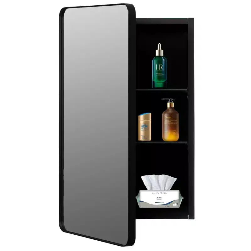 Basicwise Aluminum Bathroom Medicine Cabinet, Beveled Mirror, Round Frame, 2 Adjustable Shelves, Surface or Recessed Mount, Black Finish