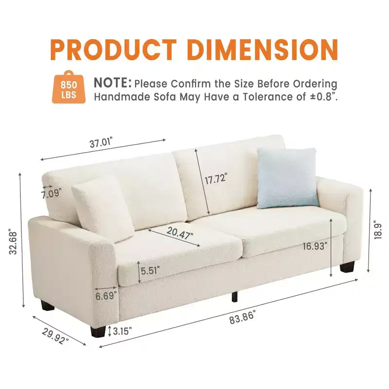 83 Couch for Living Room, Comfy Sofa with Deep Seat, Modern Sofa with Wide Armrest, Removeable Cover, Teddy Fleece 3 Seater Couch for Bedroom