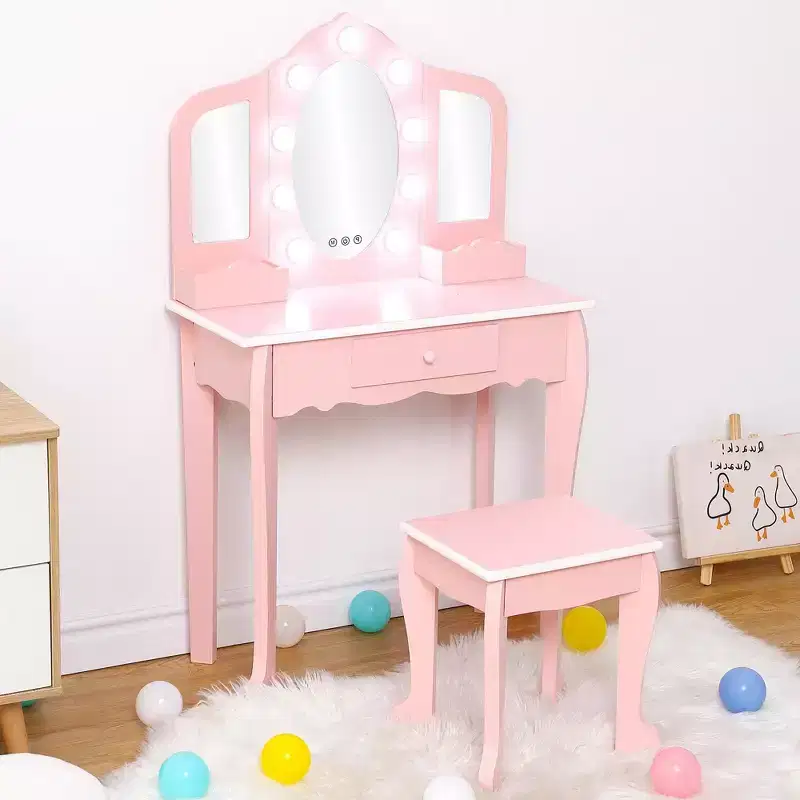 Kids Vanity Table & Stool with Lighted Tri-Fold Mirror, Drawer & Storage – Ages 3-9