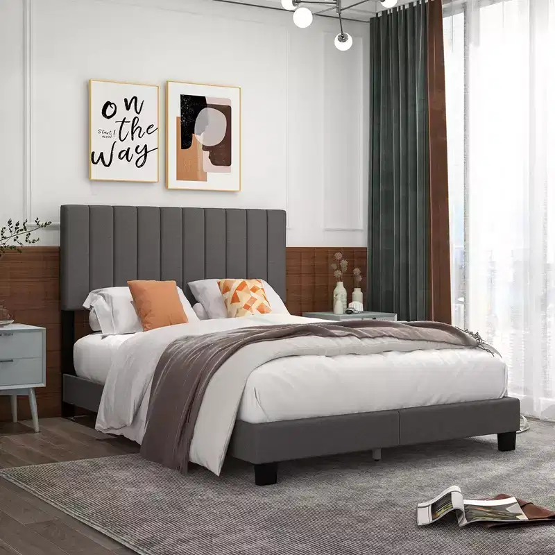 Costway Queen Upholstered Platform Bed Frame Mattress Foundation Box Spring Needed Gray