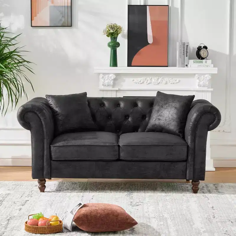 Traditional 2-Seater Chesterfield Sofa with Rolled Arms and Wood Frame, PU Leather Accent Sofa Couch for Living Room or Lounge