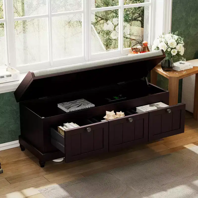 Whisen Classic Storage Bench with Cushioned Seat and Three Drawers