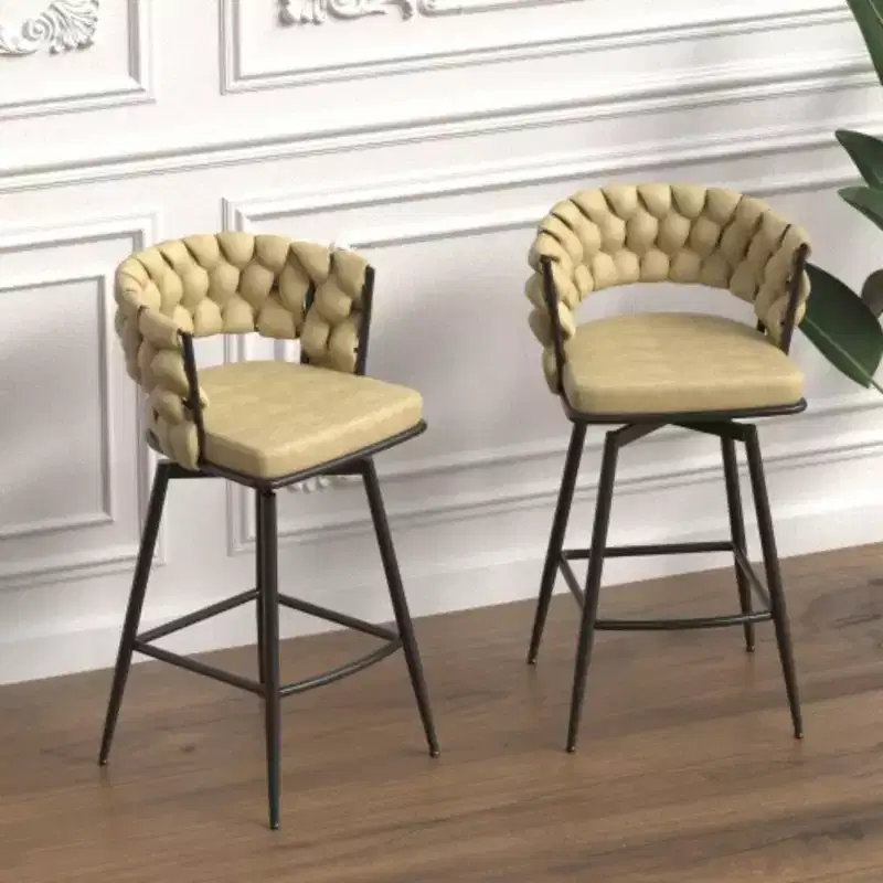 Back and Footrest Included, 2 Linen Woven Swivel Bar Stools Set, Non-Adjustable Kitchen Chairs