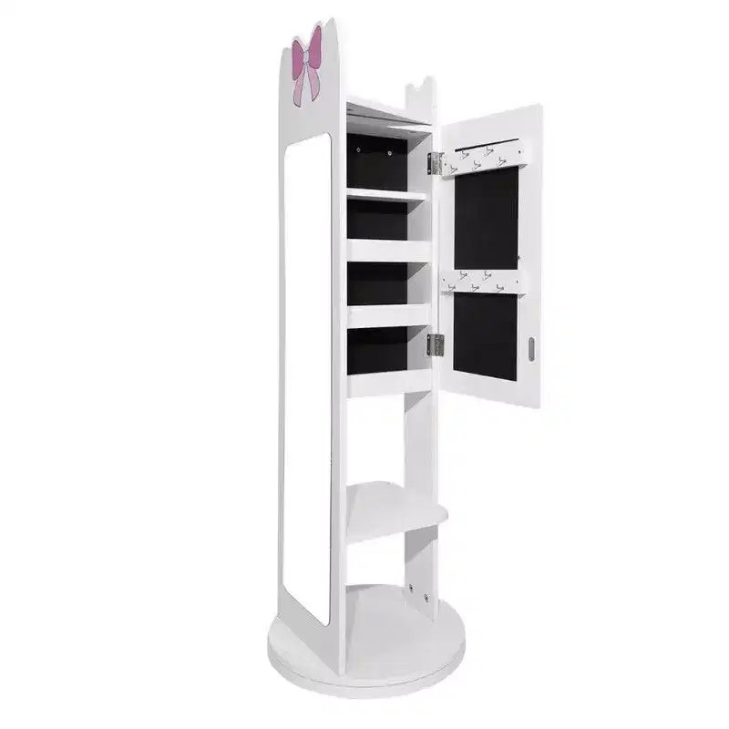 Kids MDF Jewelry Cabinet with Rotatable Base, 1 Door and 1 Shelf – White