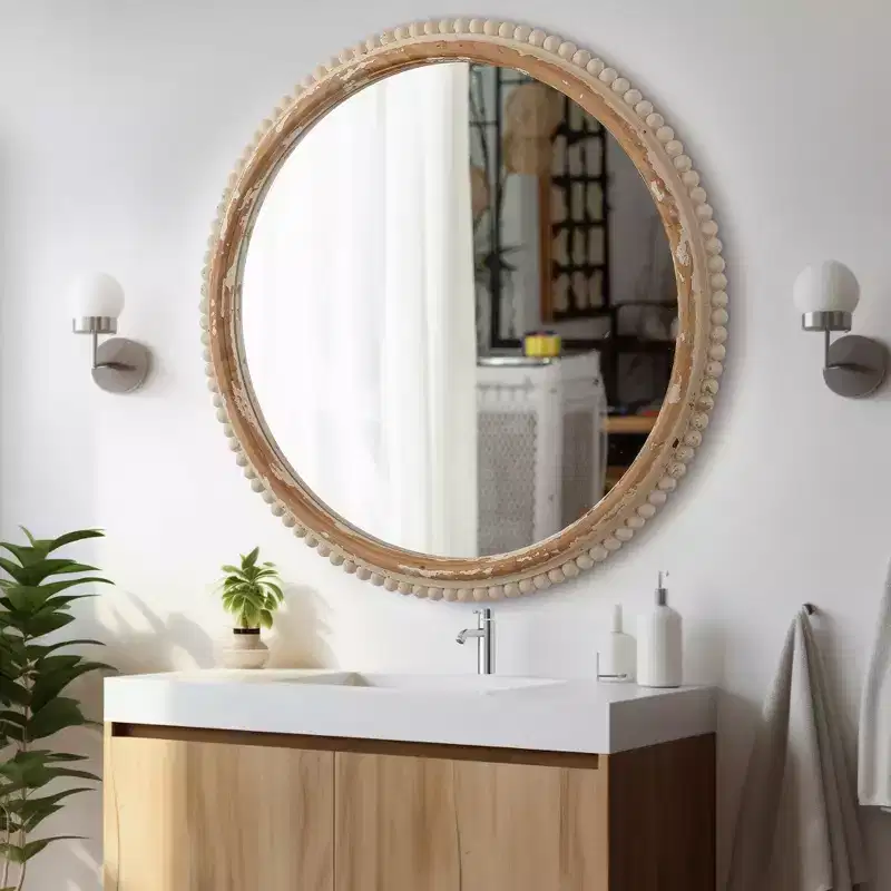 Wood Flat Wall Mirror, Arched Boho Style with Natural Wood Frame