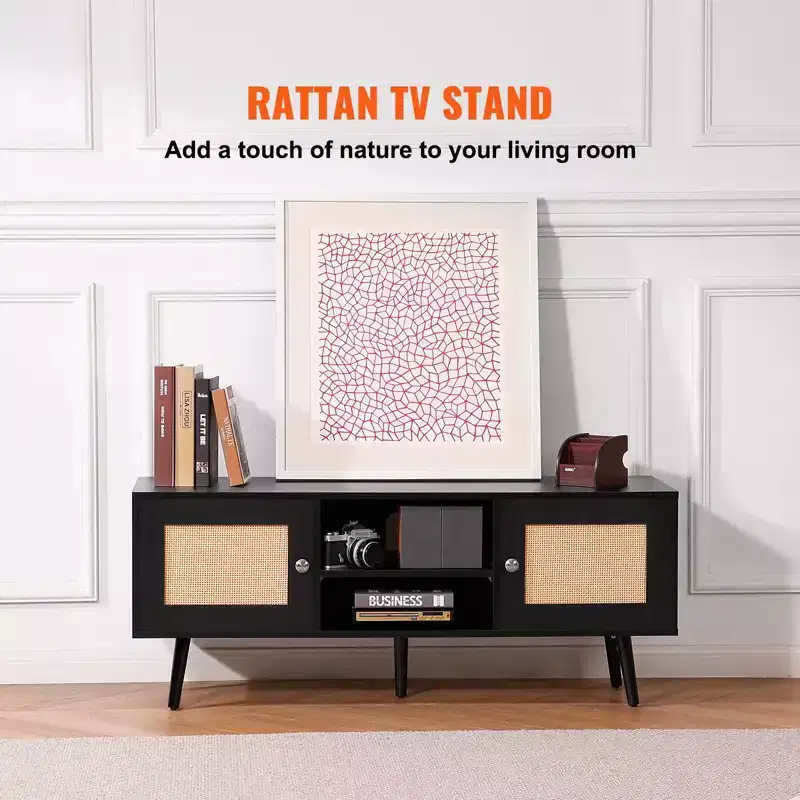 Rattan TV Stand for 55 in TV Mid-Century Console with Adjustable Shelf Cable Management Black
