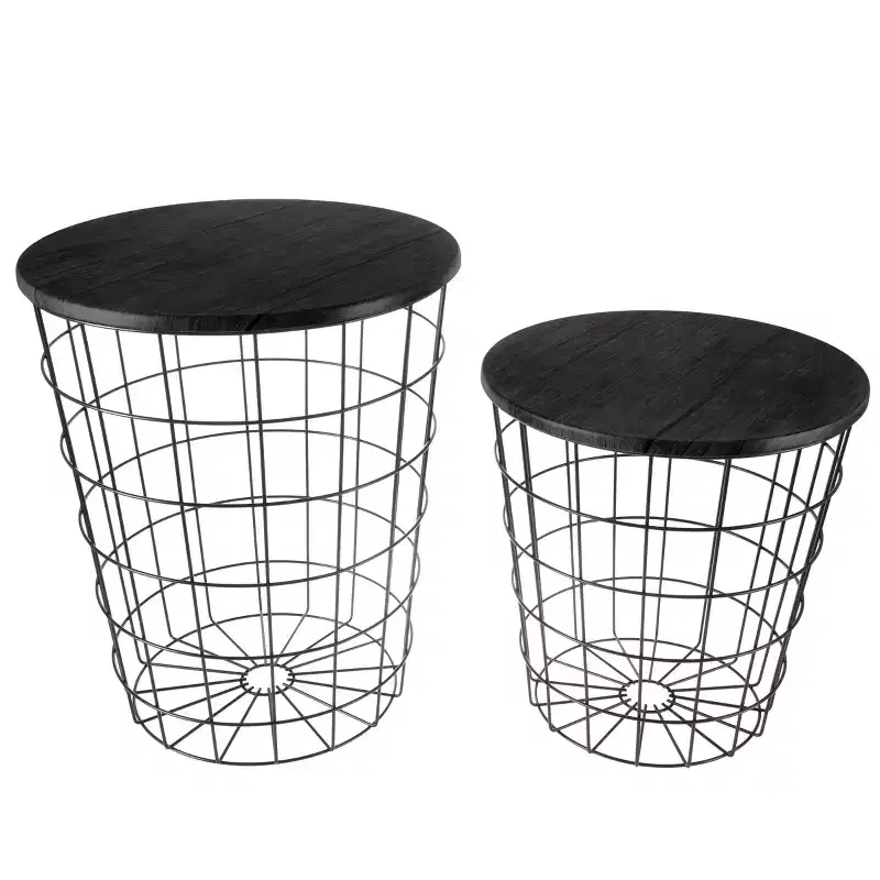 Set of 2 Nesting Tables with Storage - End Tables with Removable Wood Tops and Metal Basket Frame