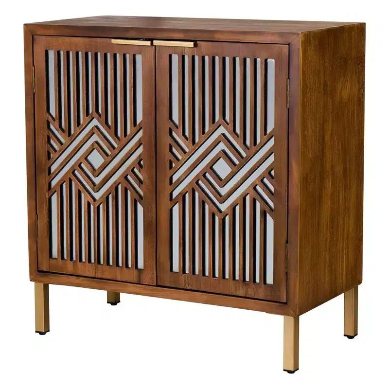 COZAYH Modern 2 Door Accent Cabinet with Mirror Front, Storage for Entryway or Living Room, Wood Finish with Metal Legs