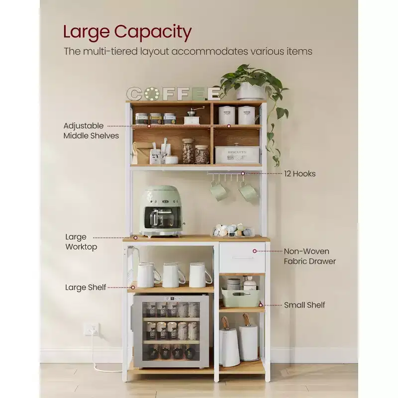 Baker's Rack with Charging Station, Coffee Bar with Adjustable Storage Shelves, Fabric Drawer, 12 Hooks, 15.7 x 31.5 x 71 Inches