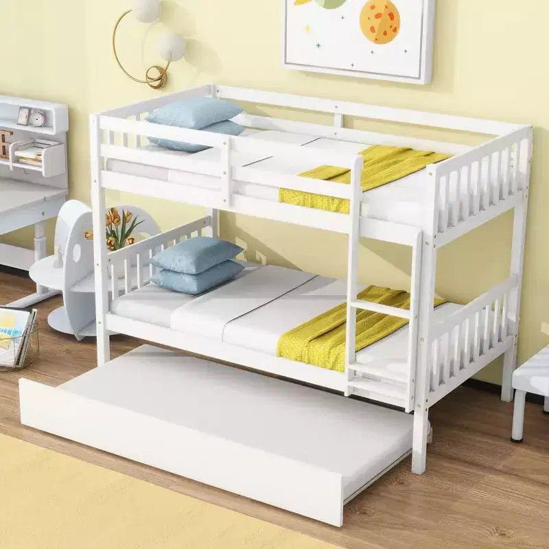 Twin Rubber Wood Bunk Bed with Trundle Twin Bunk Bed with Ladder and Safety Guardrails White
