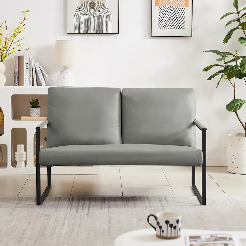 PU Leather Accent Armchair with Padded Backrest – Grey / Light Brown / Orange, Seats 1