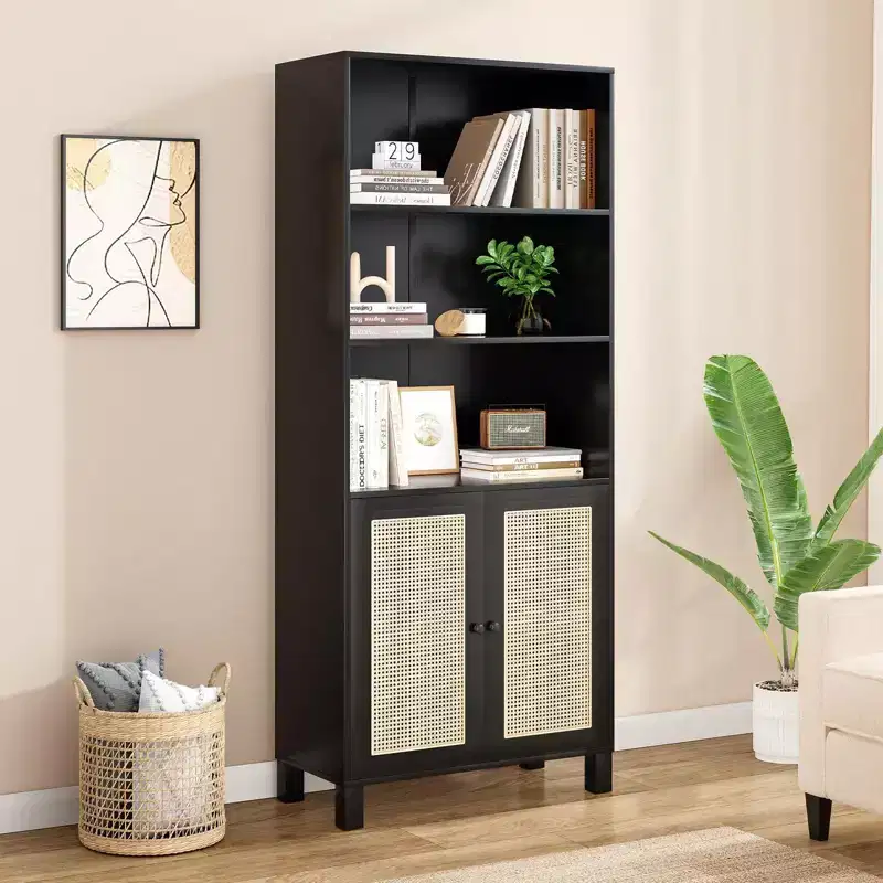 TUYOHW Tall Bookcase with Rattan Doors,5-Shelf Freestanding Storage Cabinet,Bookshelf for Living Room,Bedroom,Home Office