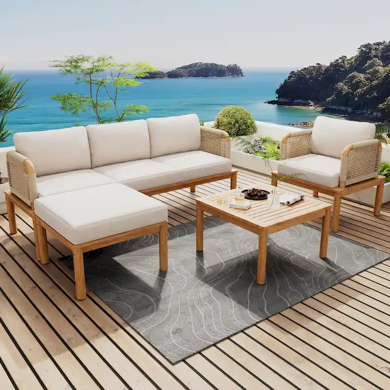 4 Pcs Outdoor Rope Sofa Set, All-Weather Patio Conversation Furniture Set with Acacia Wood Table, Single Sofa and Ottoman