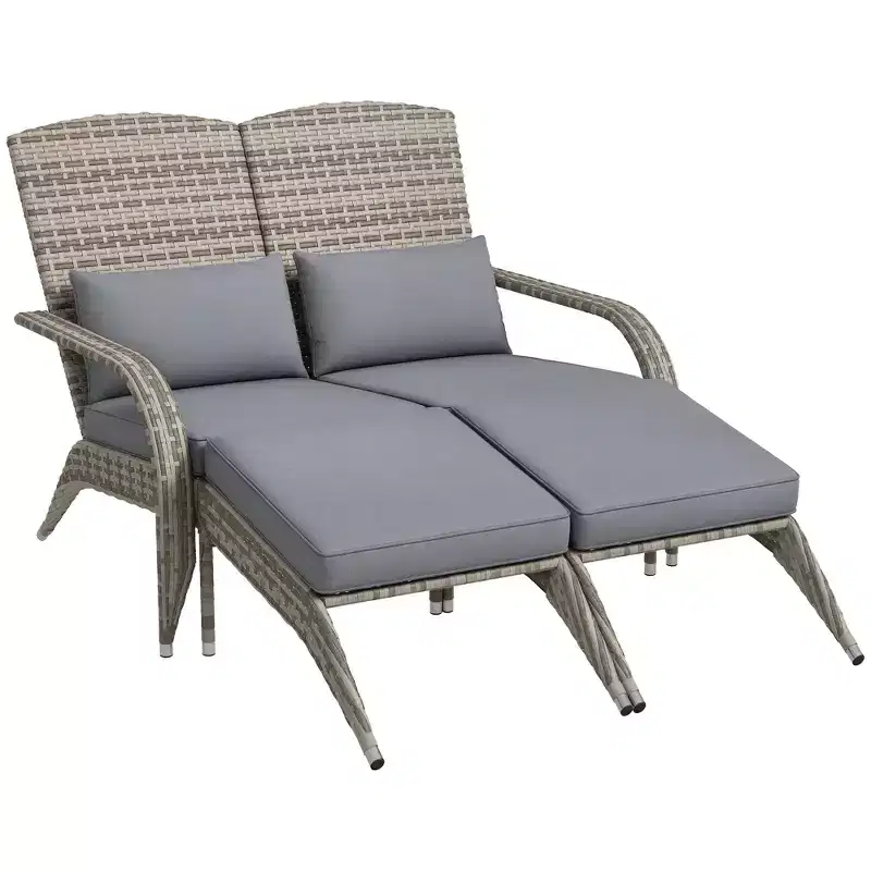 Outsunny Wicker Adirondack Chair for 2 with Cushions & Footrests, PE Rattan Fire Pit Chair for 2with High-back, Wide Armrests