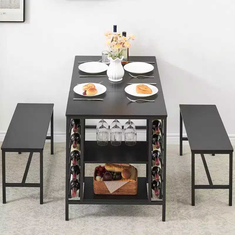 Whizmax Dining Table Set for 4, Kitchen Table Set for 4 with 2 Benches, Rectangular Dining Room Table Set with Wine Rack for Small Space Apartment