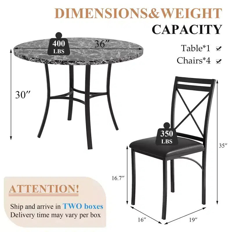 VECELO 5-Piece Dining Table Set for 4, Faux Marble Dinette with 4 Chairs for Kitchen, Small Space, Black/White