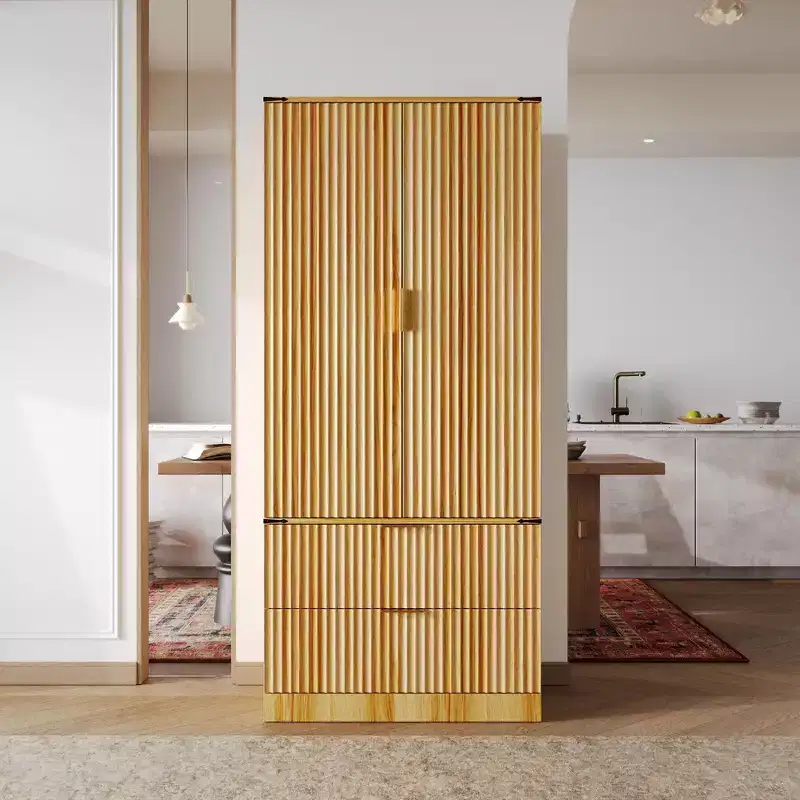 Wood-Tone Magnetic Door Kitchen Pantry Cabinet, Adjustable Shelves & Drawer Storage