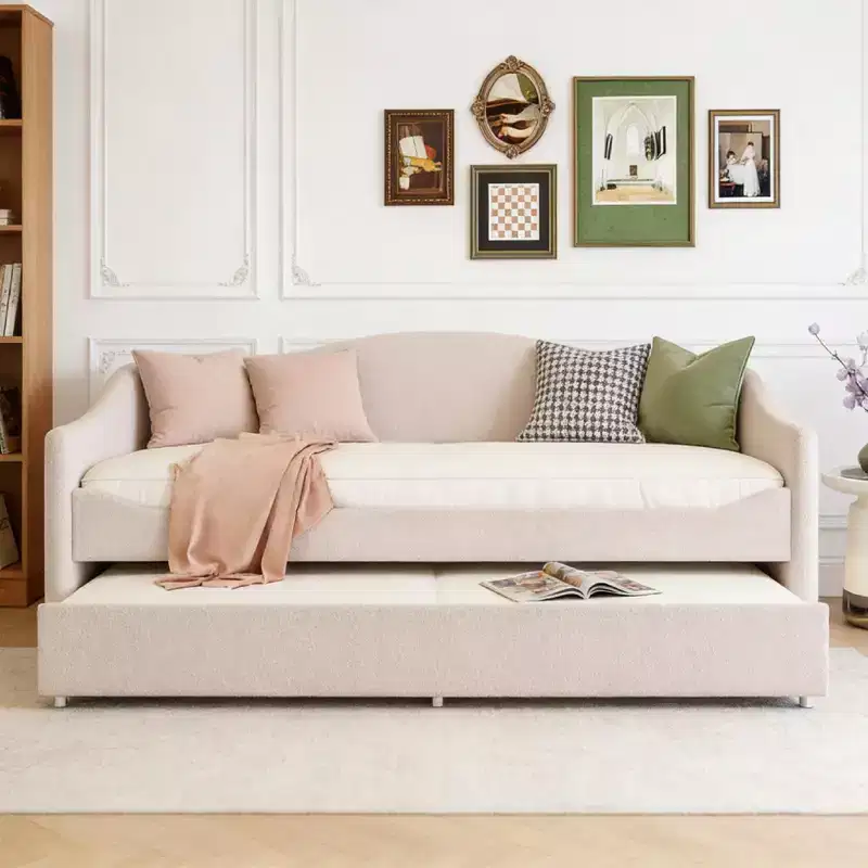 Luxystar Twin Size Teddy Fleece Upholstered Daybed with LED Light and Trundle