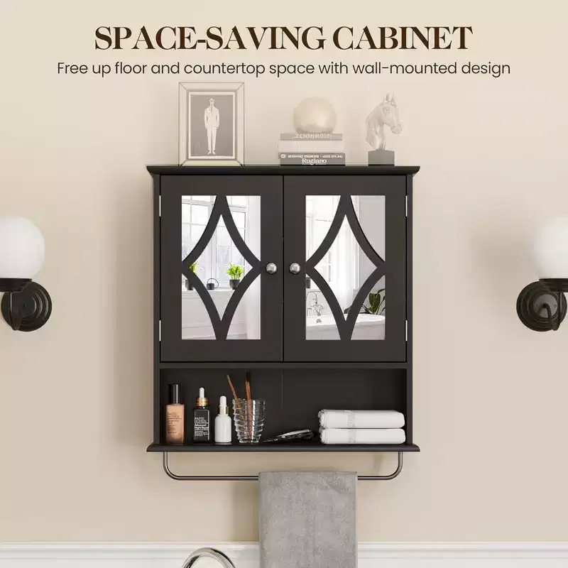 RoyalCraft Bathroom Medicine Cabinet, Wall Mount Storage with Mirror, Towel Bar, and Adjustable Shelves for Wash Room, Laundry, Black
