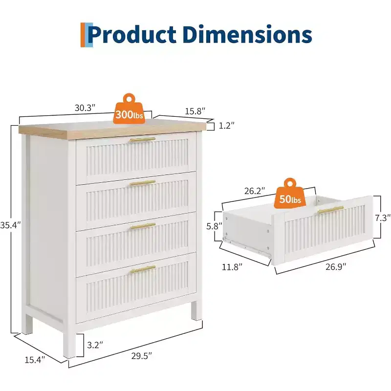 Fluted Dresser for Bedroom,35.4''Tall Chest of Drawers with 4 Storage Drawers,Modern Wood Clothing Organizer Cabinet for Living Room,Bedroom,Entryway